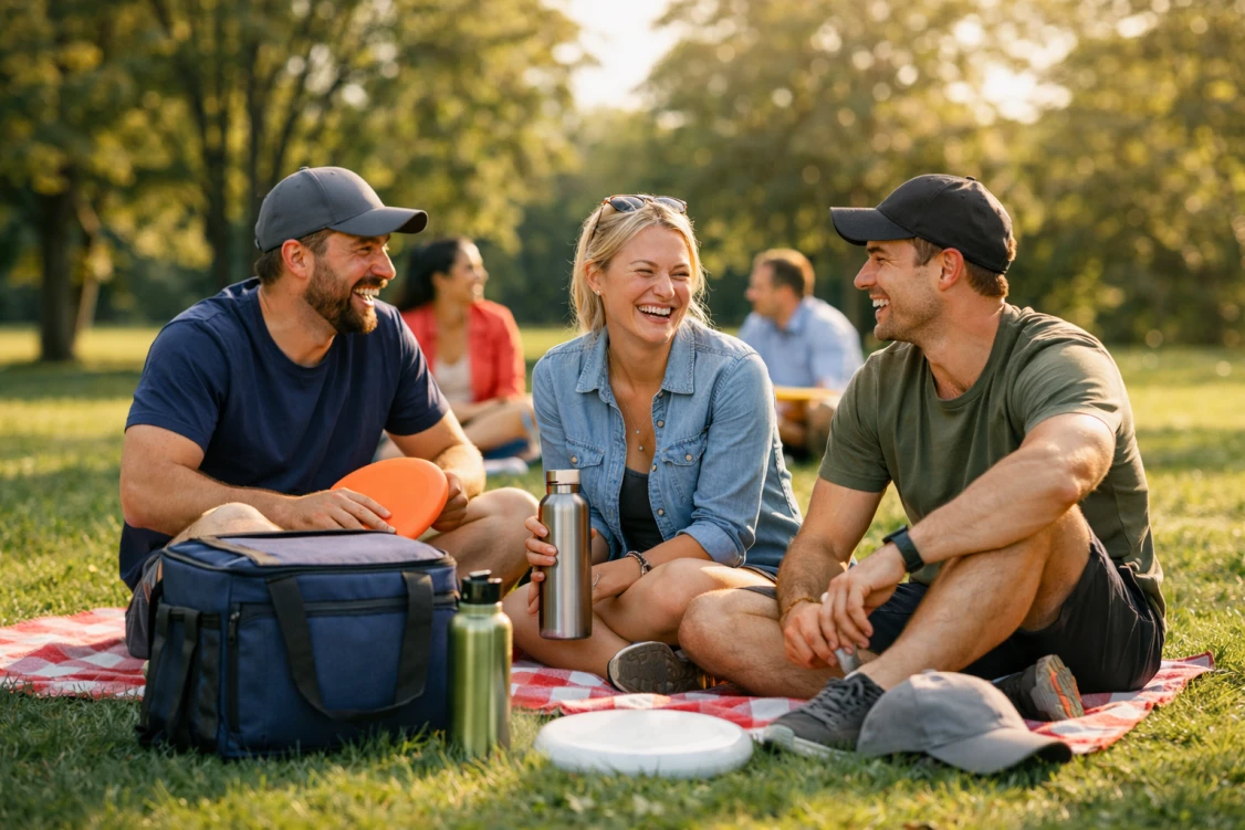 Pracownicy korzystają z gadżetów firmowych podczas pikniku w parku