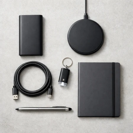 Różnorodne gadżety technologiczne ułożone równo na jasnym blacie