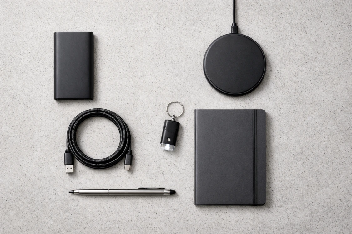 Różnorodne gadżety technologiczne ułożone równo na jasnym blacie