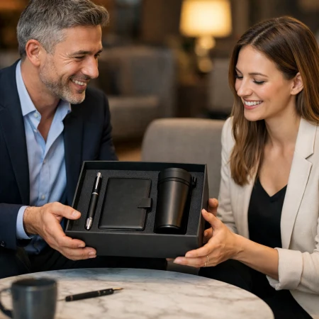 Przedsiębiorca wręcza pudełko z ekskluzywnymi gadżetami premium