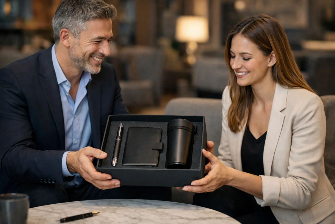 Przedsiębiorca wręcza pudełko z ekskluzywnymi gadżetami premium