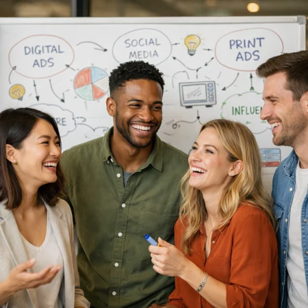 Zespół prowadzi burzę mózgów nad strategią reklamy na tablicy