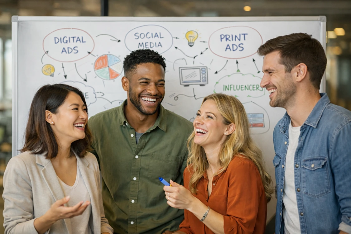 Zespół prowadzi burzę mózgów nad strategią reklamy na tablicy