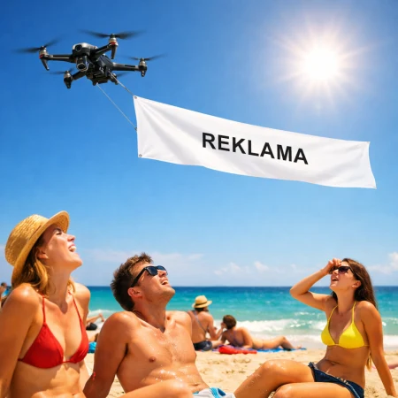 Dron niesie baner reklamowy nad plażą, nietypowa forma reklamy powietrznej