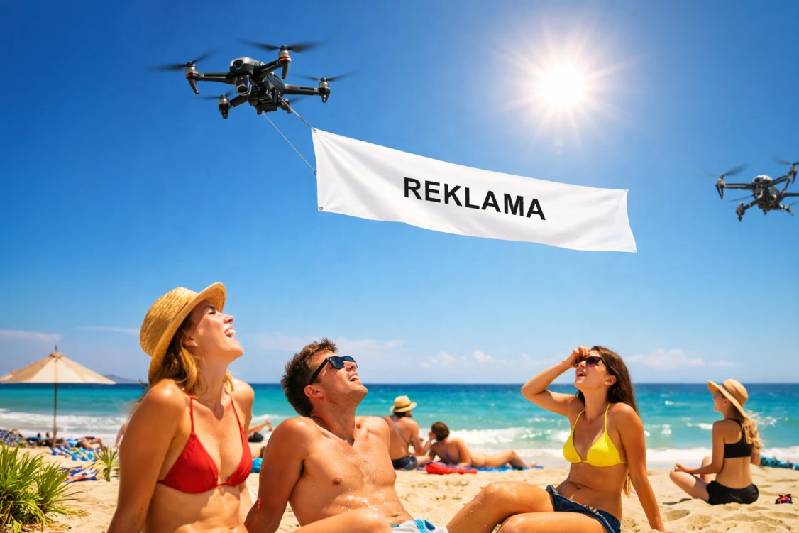Dron niesie baner reklamowy nad plażą, nietypowa forma reklamy powietrznej