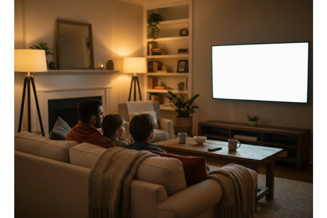 Rodzina ogląda wieczorną reklamę telewizyjną w przytulnym salonie