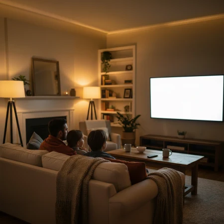 Rodzina ogląda wieczorną reklamę telewizyjną w przytulnym salonie