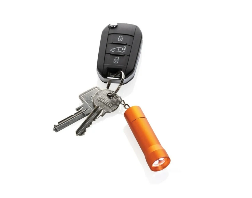 Pomarańczowy brelok latarka LED z recyklingu z logo