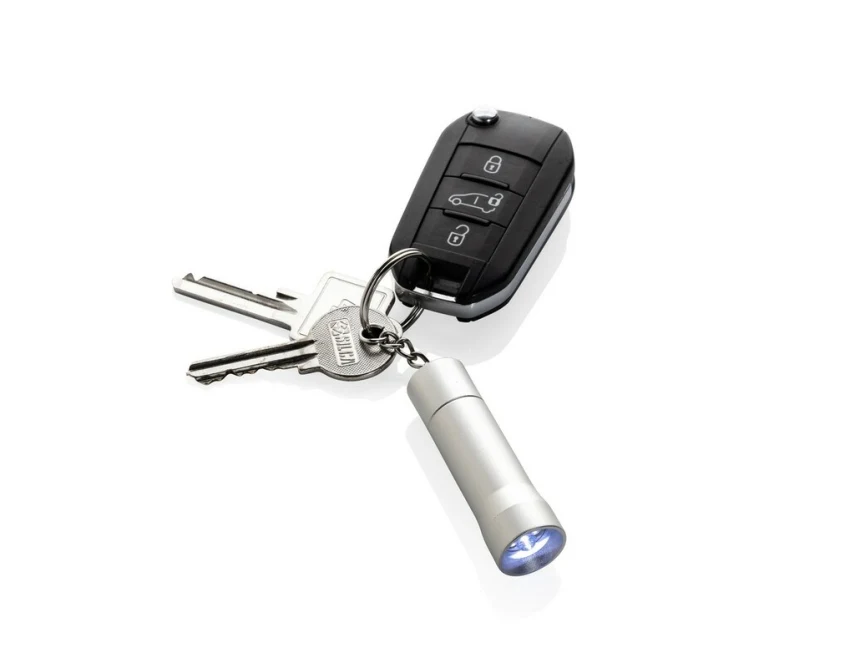 Szary brelok z latarką LED z aluminium z recyklingu