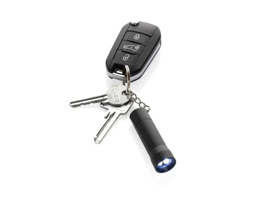 Czarny brelok latarka LED z recyklingu z logo firmy