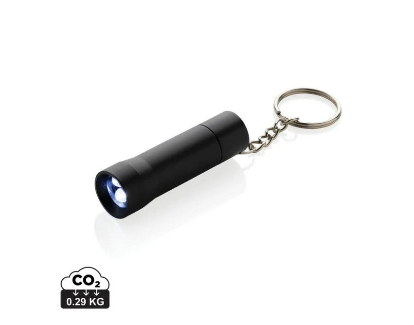 Czarny brelok latarka LED z recyklingu z logo firmy