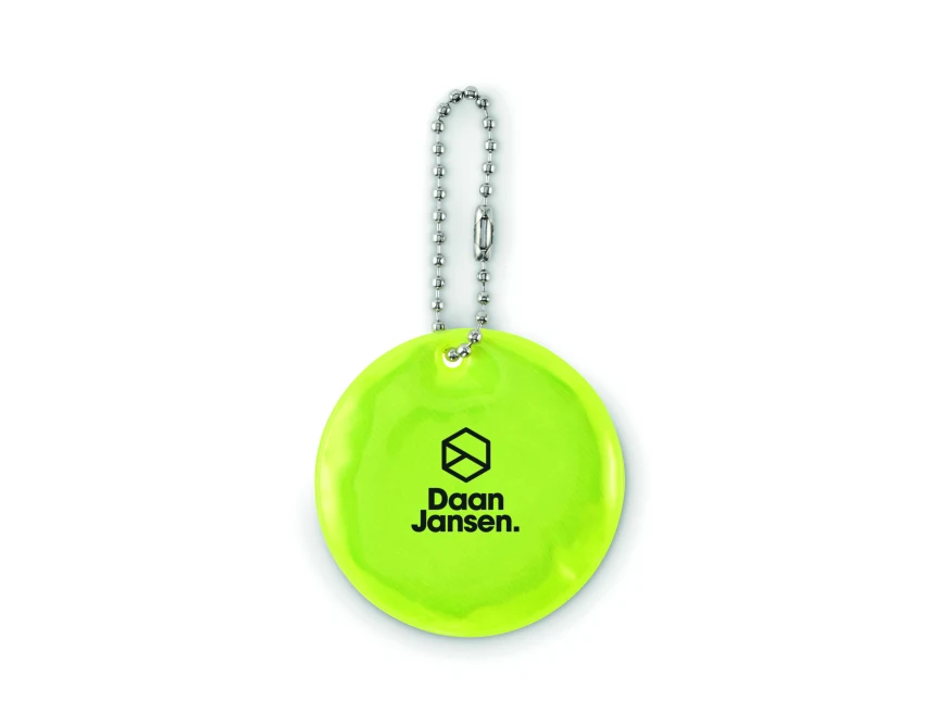 Żółty brelok odblaskowy PVC z logo firmy – Grin, personalizowany