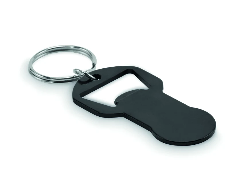 Czarny brelok aluminiowy Clave z otwieraczem i logo firmy