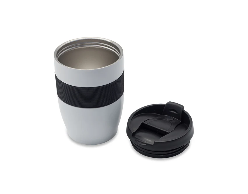 Biały kubek termiczny Carol 300 ml z logo i silikonową opaską