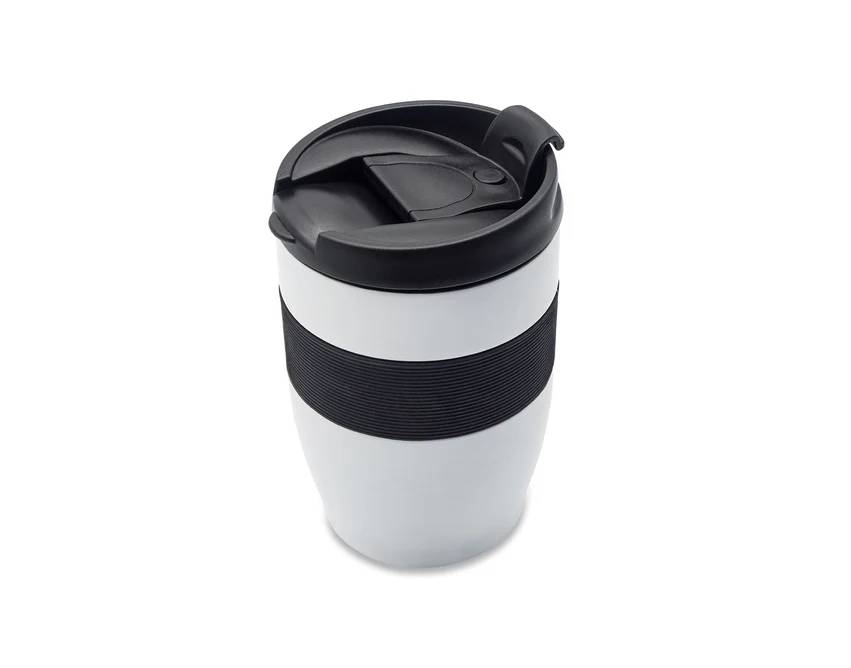 Biały kubek termiczny Carol 300 ml z logo i silikonową opaską