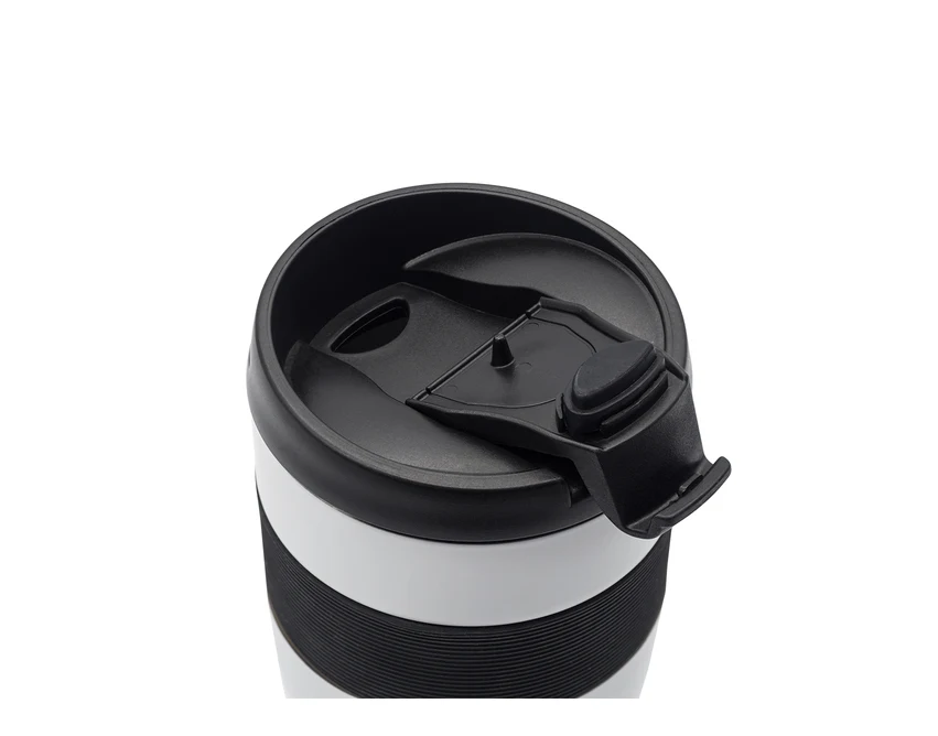 Biały kubek termiczny Carol 300 ml z logo i silikonową opaską