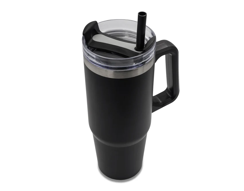 Kubek Memphis 900 ml czarny stalowy z uchwytem i słomką