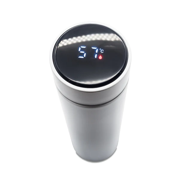 Biały kubek termiczny Ana 420 ml z termometrem i logo