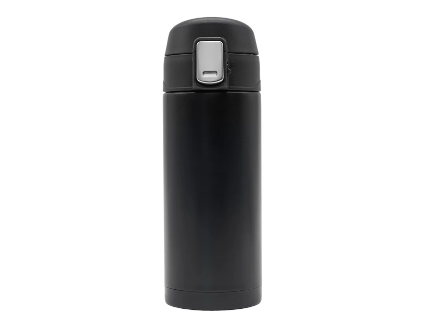 Czarny kubek termiczny Bergen 340 ml z blokadą i logo
