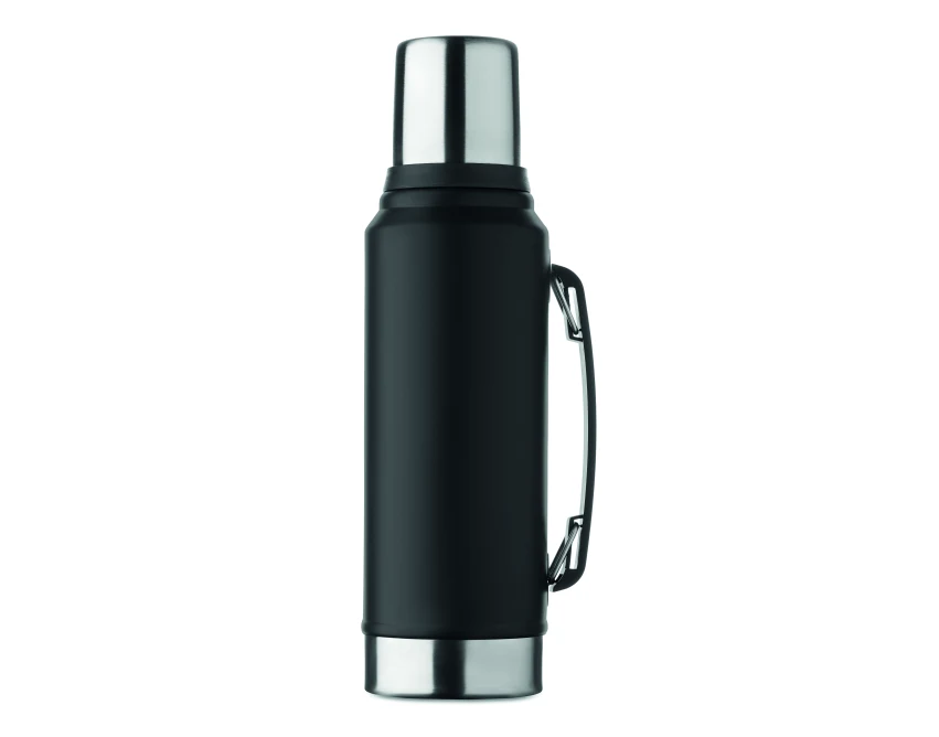 Czarny termos 1l z logo firmy Nyima – stal nierdzewna