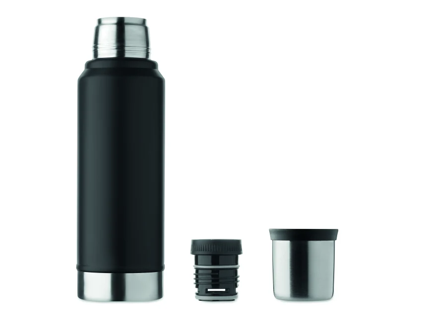Czarny termos 1l z logo firmy Nyima – stal nierdzewna