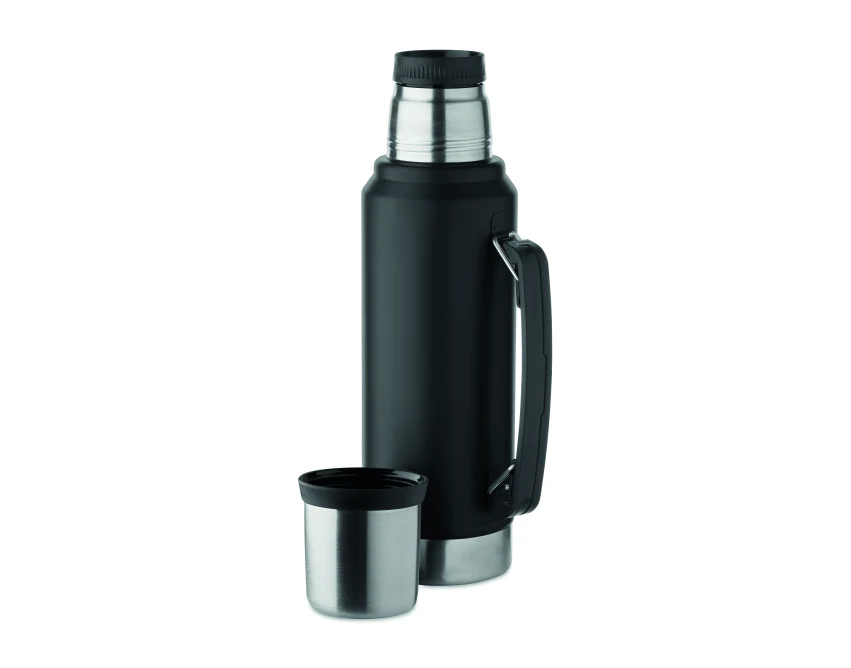 Czarny termos 1l z logo firmy Nyima – stal nierdzewna