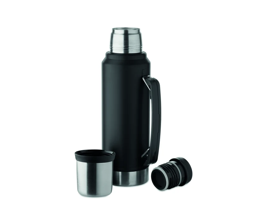 Czarny termos 1l z logo firmy Nyima – stal nierdzewna