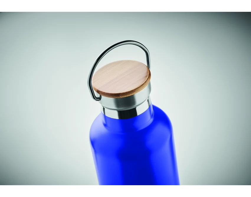 Niebieska butelka termiczna 1l z bambusową pokrywką, logo