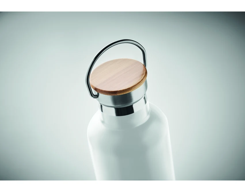 Biała butelka termiczna 1L z bambusową zakrętką pod logo