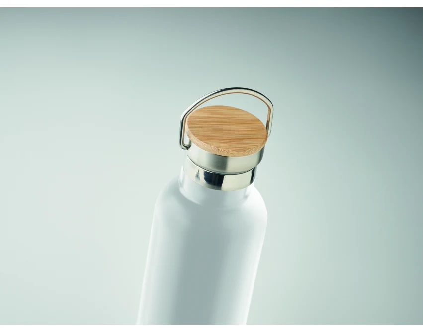 Biała butelka termiczna 750 ml z bambusową pokrywką
