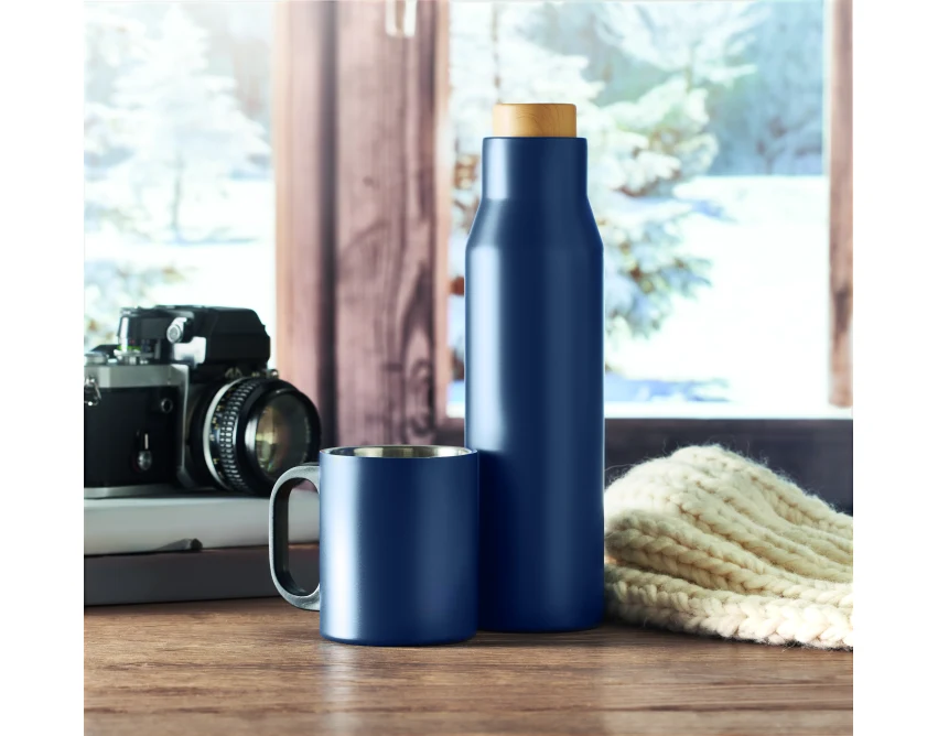 Granatowy termos reklamowy Dudinka 500 ml z drewnem