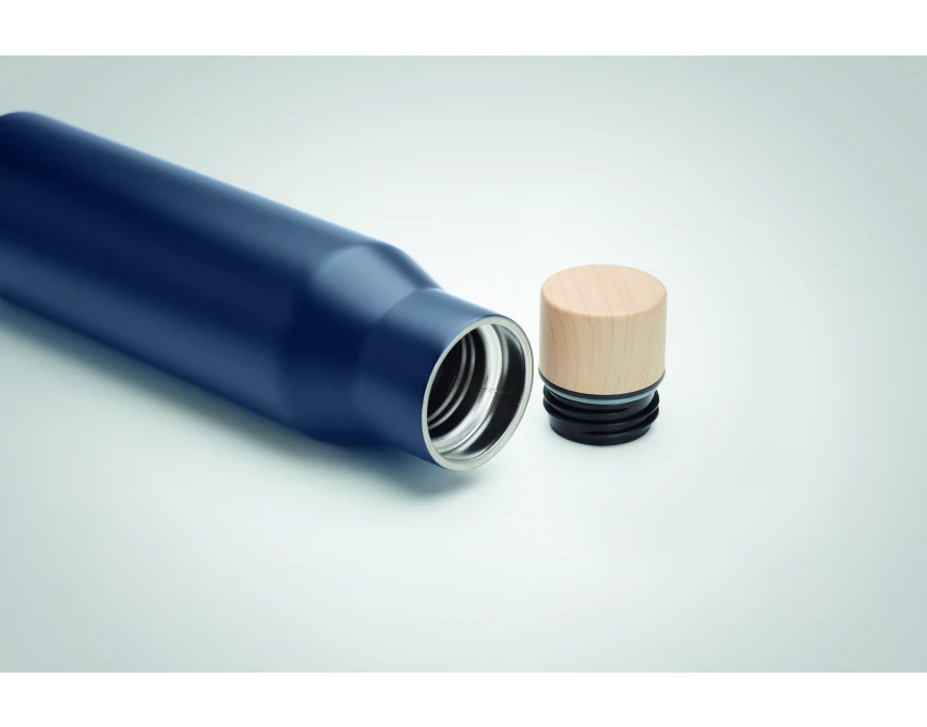 Granatowy termos reklamowy Dudinka 500 ml z drewnem