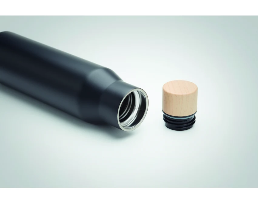 Czarny termos 500 ml z drewnianą pokrywką i logo firmy