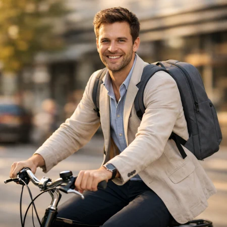 Mężczyzna jadący rowerem z plecakiem z rPET przez centrum miasta