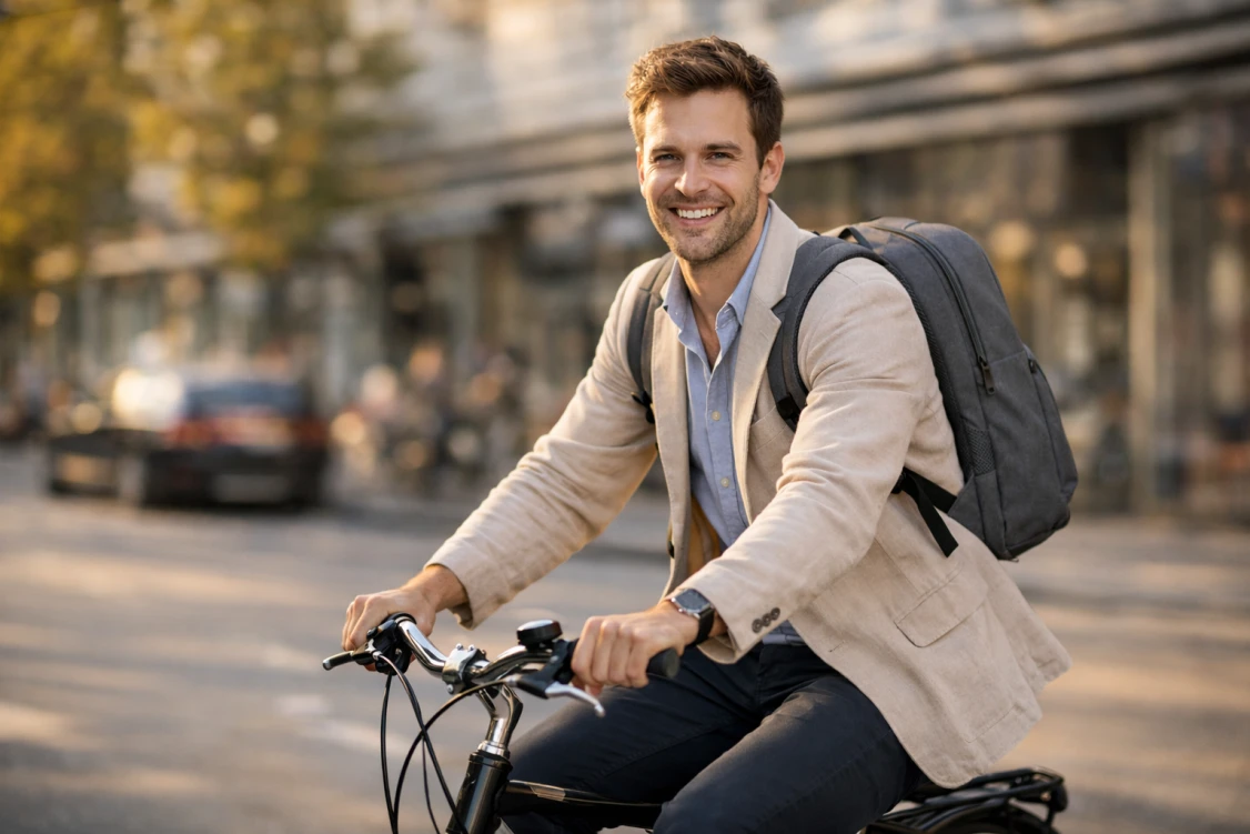 Mężczyzna jadący rowerem z plecakiem z rPET przez centrum miasta