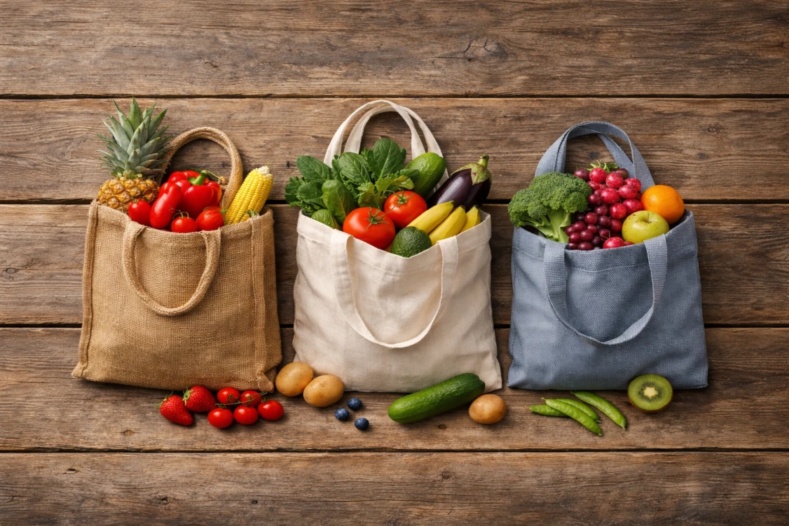 Różne torby ekologiczne z owocami na drewnianym blacie