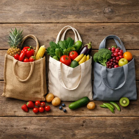Różne torby ekologiczne z owocami na drewnianym blacie