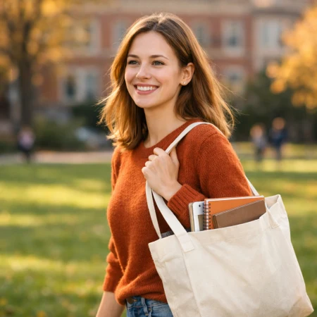 Studentka z torbą bawełnianą idzie przez kampus uczelni