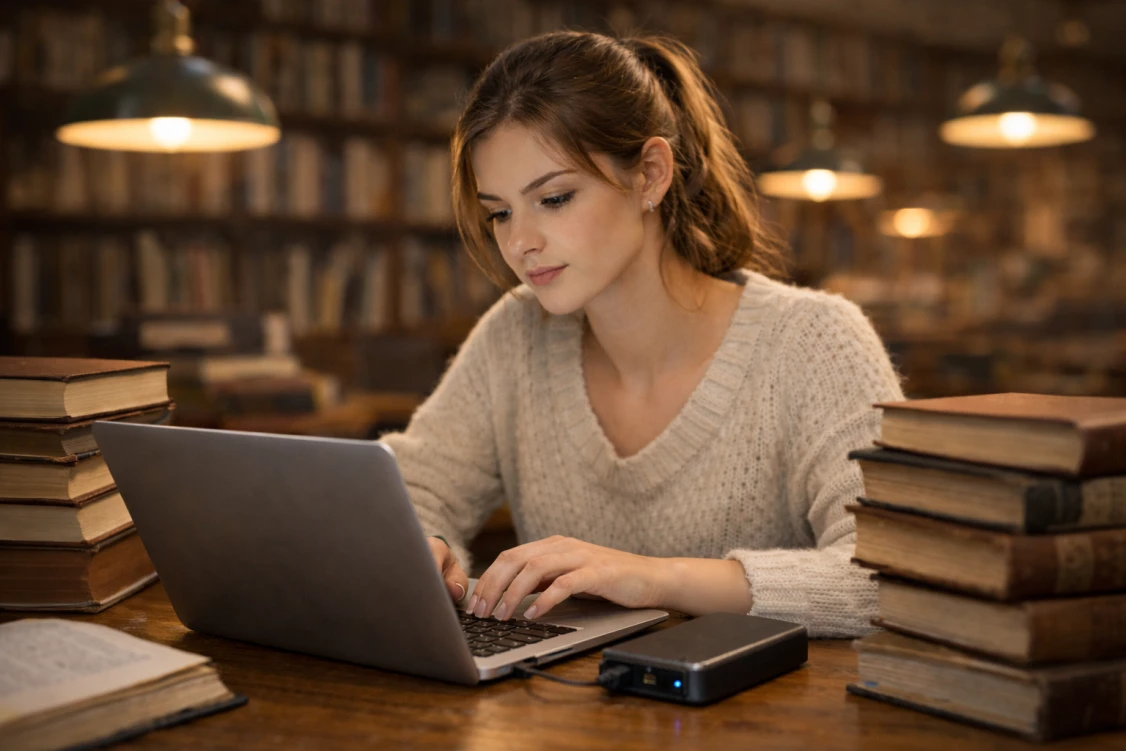 Studentka w bibliotece zasila tablet powerbankiem 30000 mAh podczas nauki