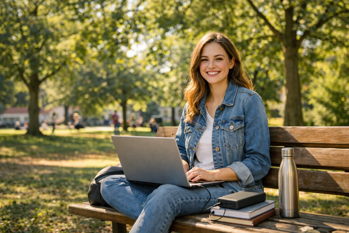 Student w parku korzysta z laptopa zasilanego powerbank 20000mAh