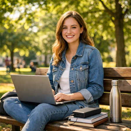 Student w parku korzysta z laptopa zasilanego powerbank 20000mAh