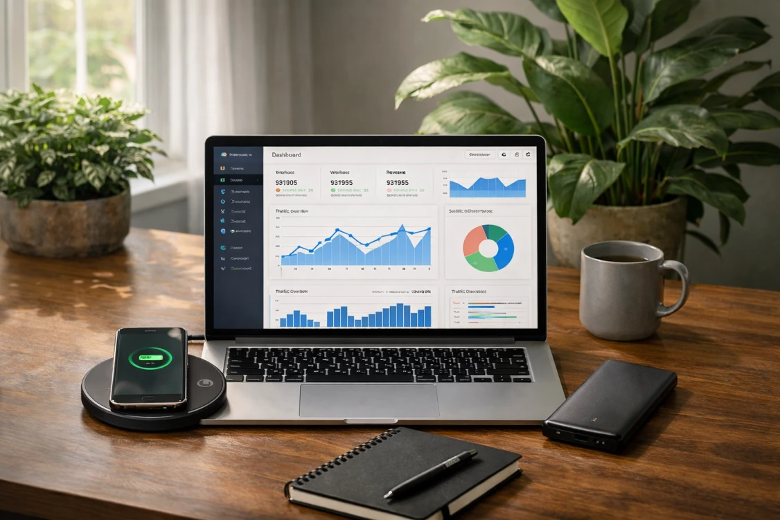 Biurko z laptopem i gadżetami technologicznymi używanymi w marketingu cyfrowym