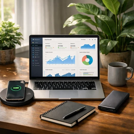 Biurko z laptopem i gadżetami technologicznymi używanymi w marketingu cyfrowym