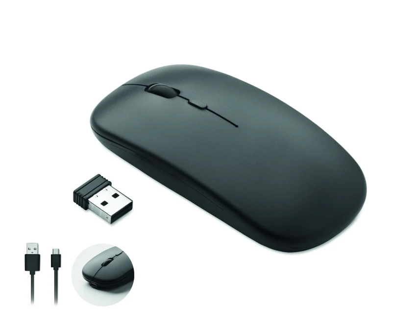 Czarna cicha myszka premium z logo, bezprzewodowa, USB