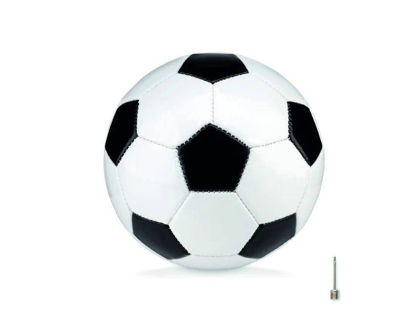 Mała piłka nożna 15 cm PVC biało-czarna z nadrukiem logo firmy – gadżet reklamowy