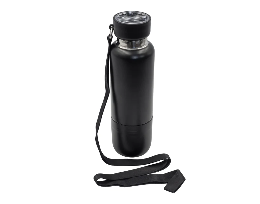 Czarna butelka termiczna Multina 500 ml z kubkiem i smyczą