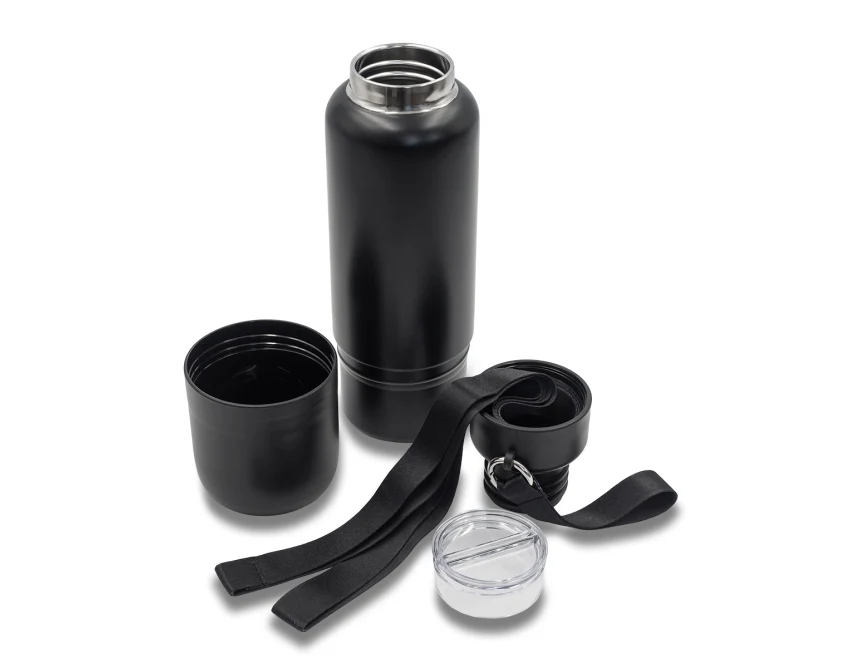 Czarna butelka termiczna Multina 500 ml z kubkiem i smyczą