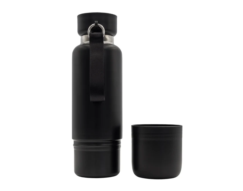 Czarna butelka termiczna Multina 500 ml z kubkiem i smyczą