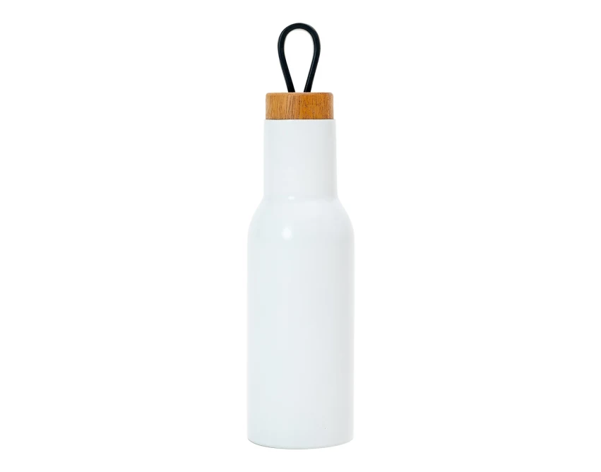 Butelka termiczna 400 ml biały z drewnianą zakrętką logo