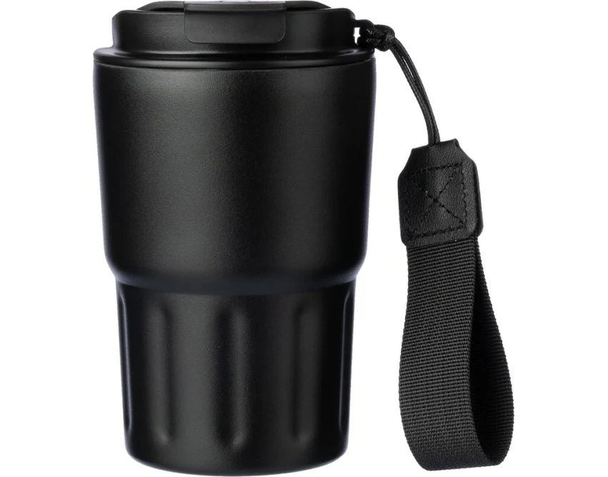 Czarny kubek termiczny 320 ml z paskiem i grawerem